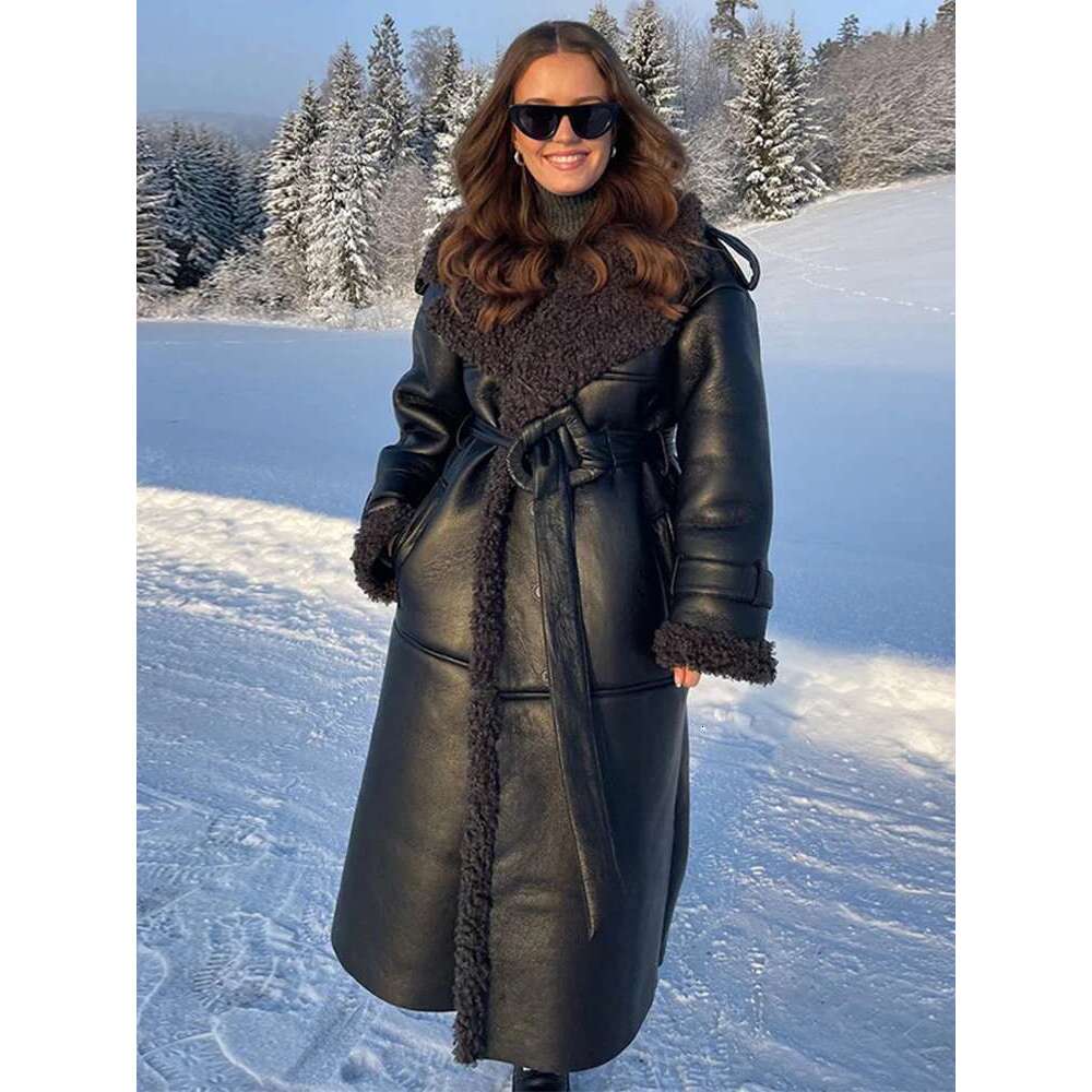 Faux Fur Leather Jacket Women Lapel Long Sleeve Belt Thicken Female Coats 2024 Winter Fashion Street Patchwork Lady Outwear