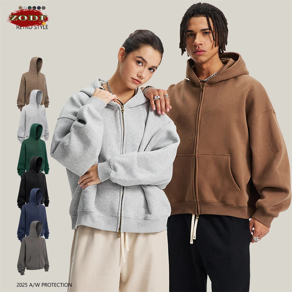 ZODF Trendy Winter Man Solid Fleece Boxy Hoodies Unisex 350gsm Double Head Zipper Hooded Sweatshirts Coat HY1122 251110