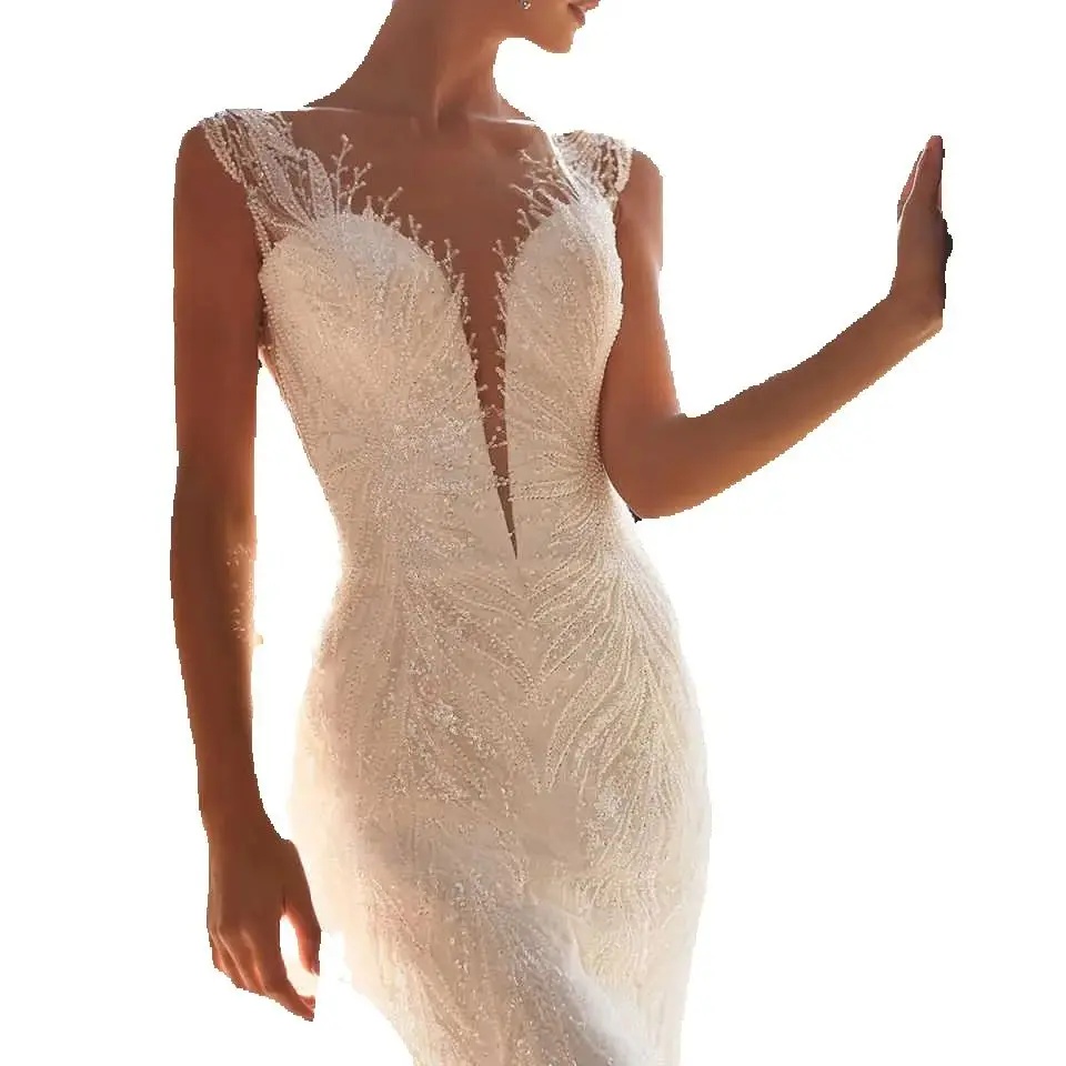 Elegant V Neck Mermaid Wedding Dress Sleeveless Button Back Women Customized Beaded Lace Sweep Train Bridal Gown