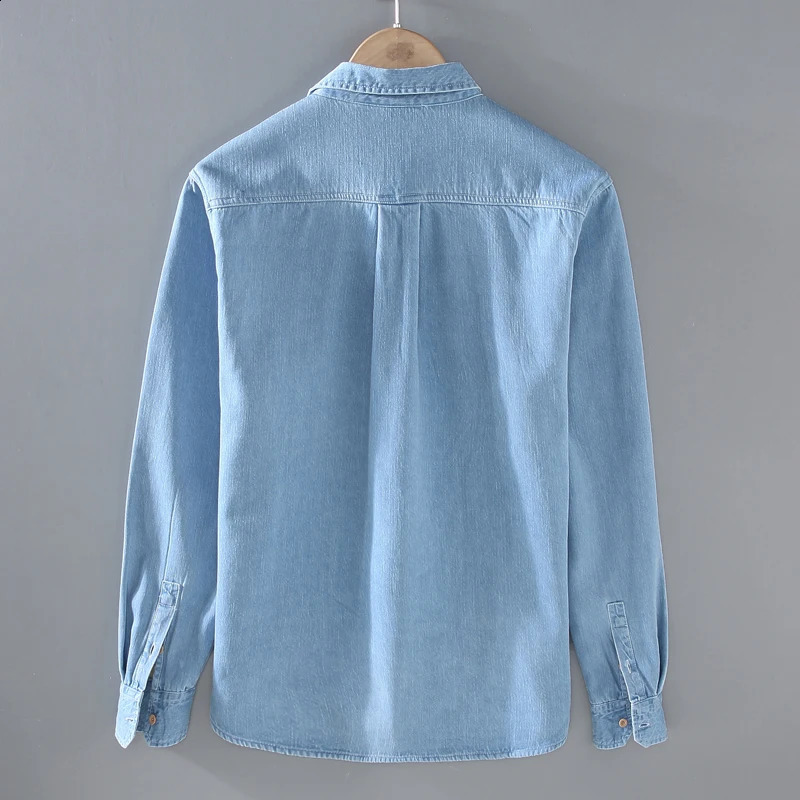 Denim long sleeved shirt mens solid color thick autumn and winter style warm young single chest jacket casual trend 250411e