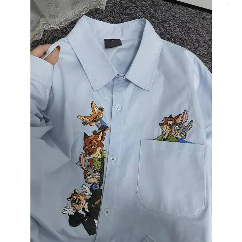 Disney Zootopia blue long sleeve shirt women's spring and autumn cute cartoon personality cardigan fashion simple top holiday gift
