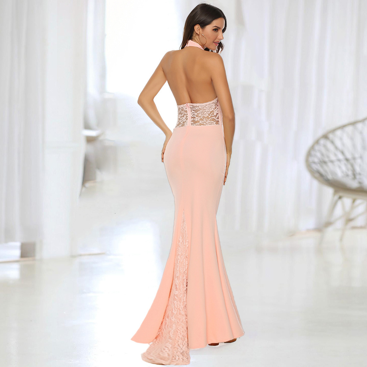 Women's Sexy Hanging Neck Open Back Lace Wedding Long Dress