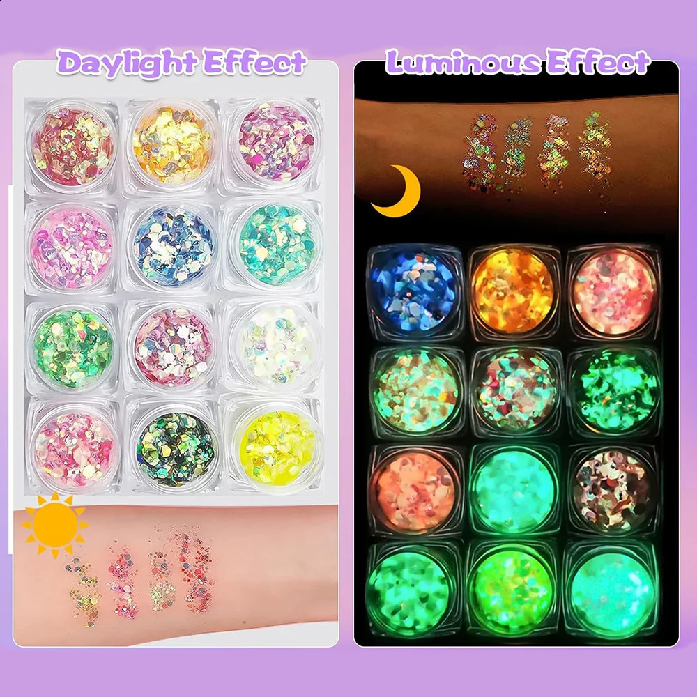 24pcs Face Glitter Makeup Glow in The Dark Body Glitter Gel UV Luminous Glitter for Festivals Party Halloween Bar Makeup 250410