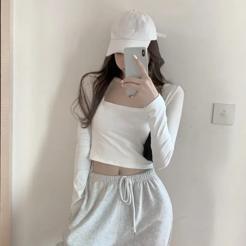 Sexy square neckline womens cut BM style bottom Tshirt high waisted long sleeved suitable for spring and summer 250407