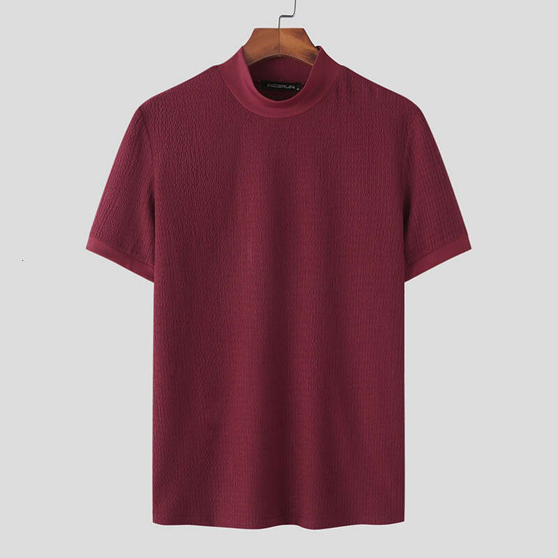 2025 Summer New Export Solid Color Casual Simple Knitted Base Layer European And American Men's High Neck Water Ripple T-Shirt Short Sleeve 0c45 