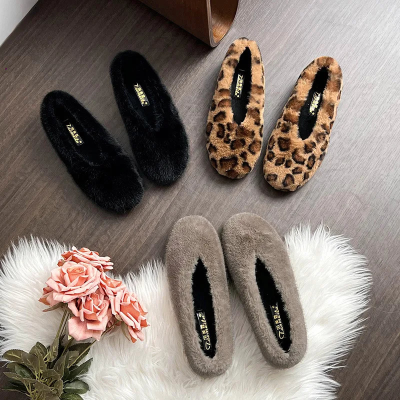 Leopard Mink Fur Flats Women Shallow V-Open Flats Ladies Winter Furry Shoes Slip On Loafers Female Cold Proof Mocasines Mujer 251110