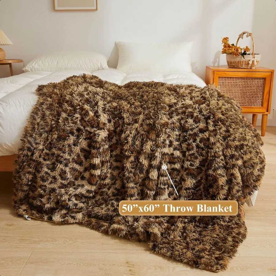 Luxury Faux Fur Leopard Print Throw Soft 50x60 Cheetah Print Fluffy Blanket Shaggy Plush Decorative Couch Throw Cute Furry Fuzz C251111