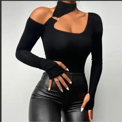 Spring and Autumn Sexy Irregular Long Sleeve Tshirt Lace Splicing Non Chinese Mainland Origin Abnormal 250407