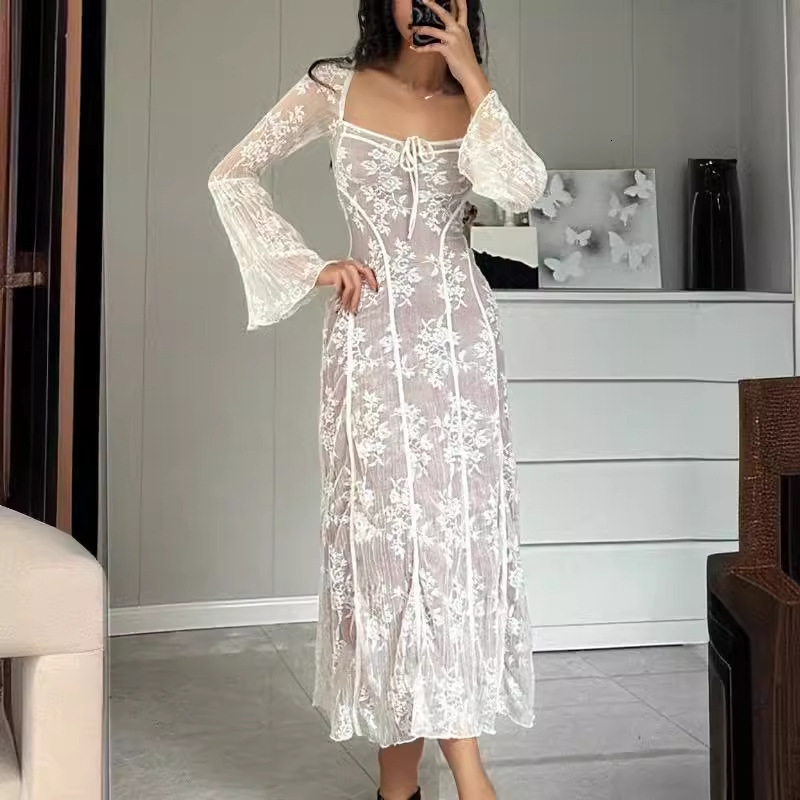 Elegant socialite lace V-neck hollow French for women 2025 new spring and summer waist cinching slimming dress