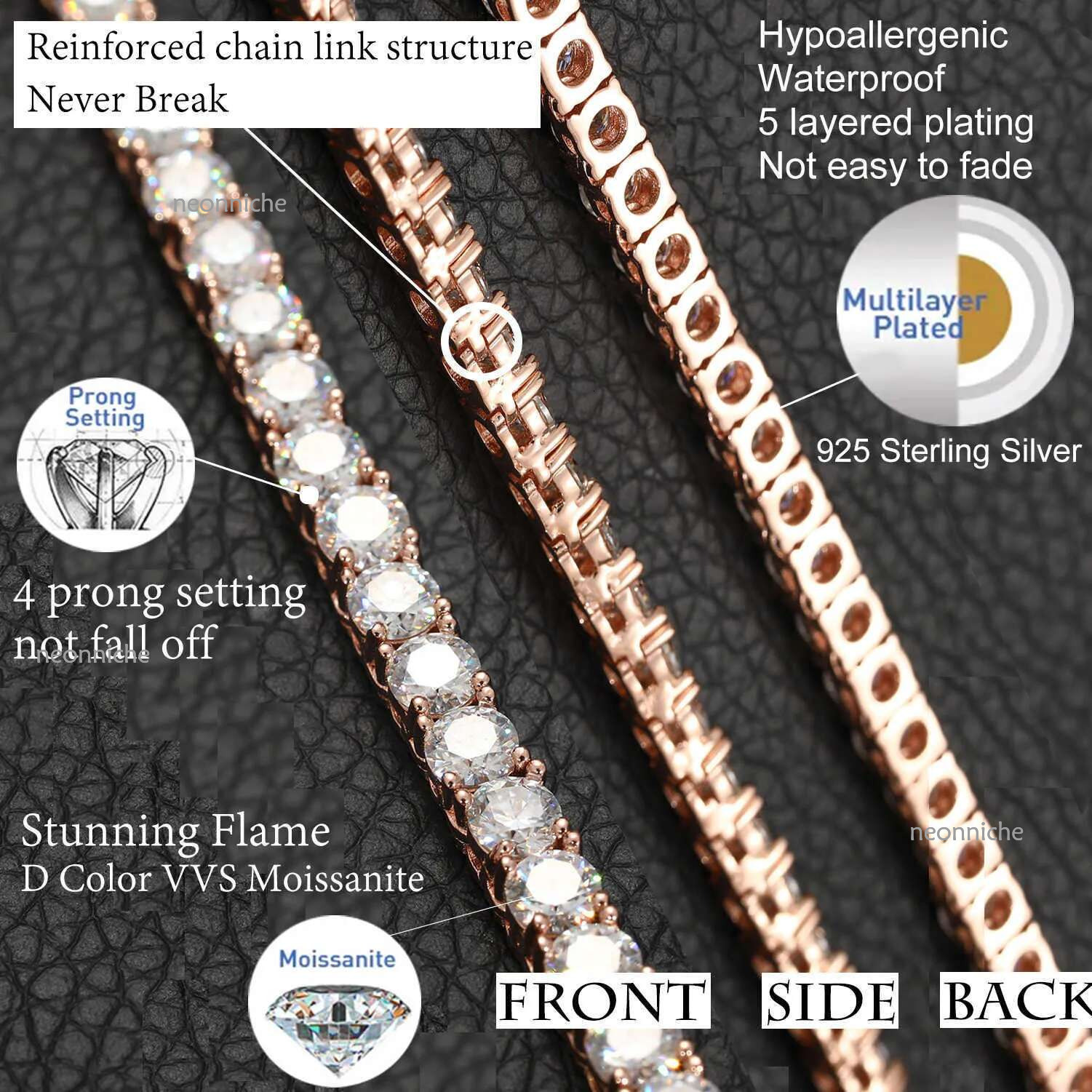 Wholesale Bulk Rose Gold Plated Pure Sier Lab Grown VVS Moissanite Dia Classical Tennis Chain Necklace