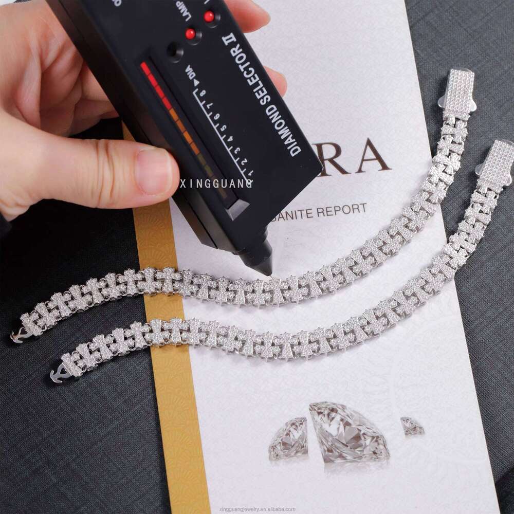 Tested 14mm White Gold Plated Cross VVS Silicon Stone Sier Cuban Chain Bracelet Fashion Jewelry