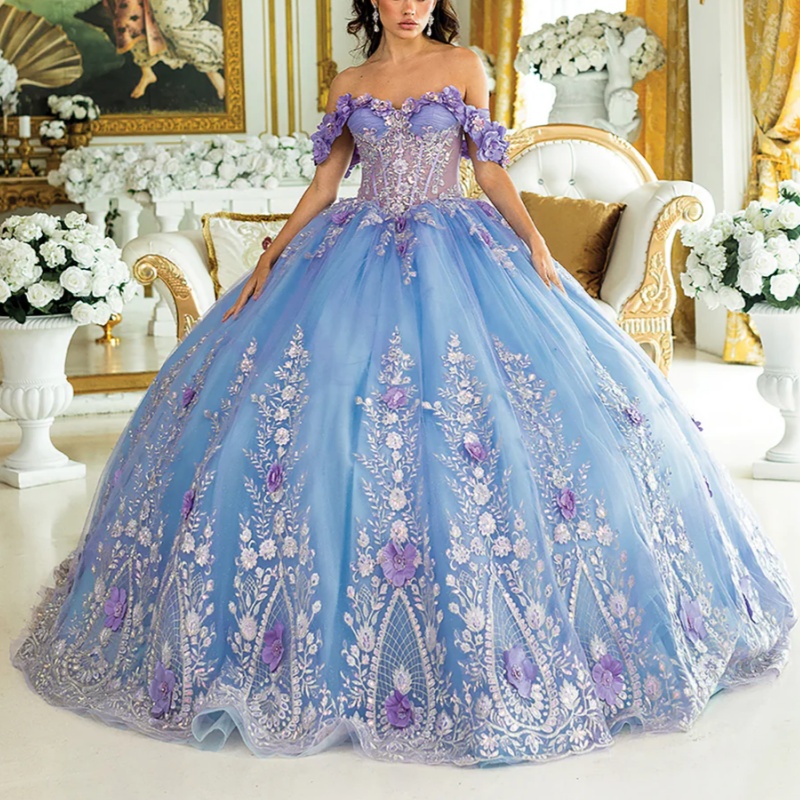 Blue Shiny Princess Quinceanera Dresses Off Shoulder Beads Applique Flower Tull Sweet 16 Dress Ball Gown Vestidos 15 Anos