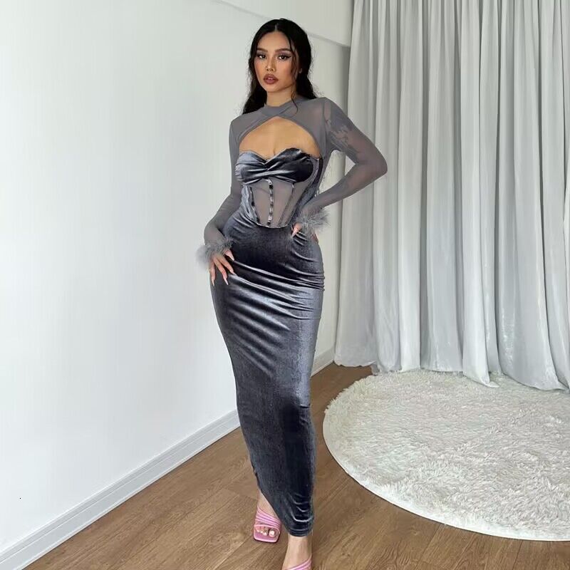 2025 Autumn Women's New Plush Mesh Spliced Nightclub Style Hollow Long Slim Fit Dress