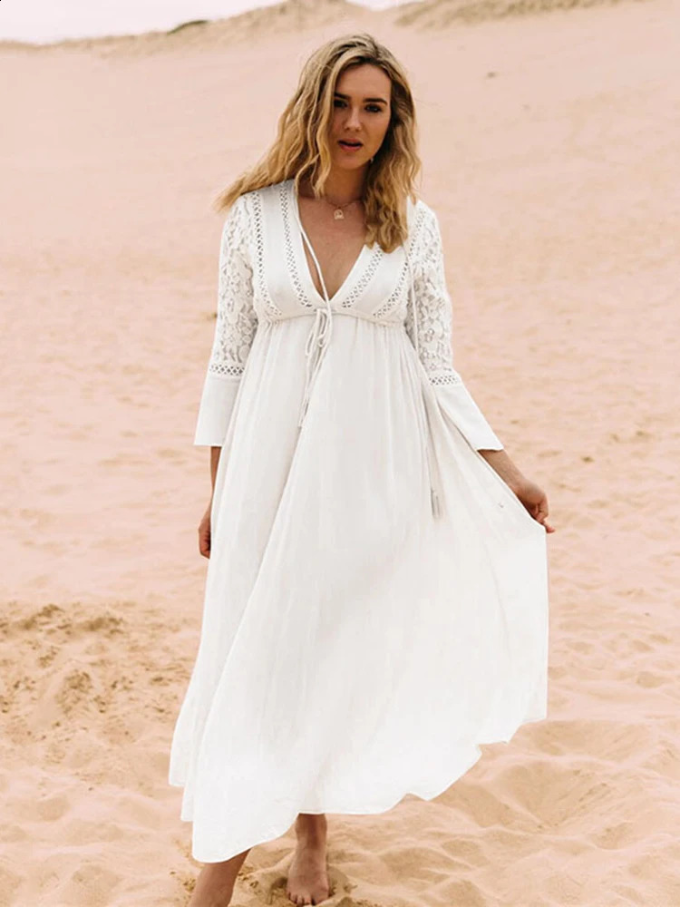 OIINAA Deep Vneck Bikini Top Womens Beach Splicing Lace Long Sleeve Summer Fashion Wear 250408