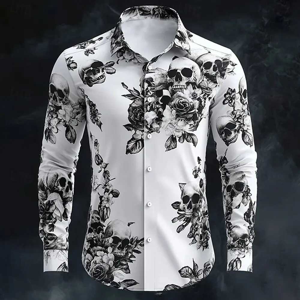 2025 Halloween Theme Mens Halloween Costumes Skulls Shirt Button Up Shirt Casual Dress Shirt Long Sleeve Dark Gothic Style Tops K251110