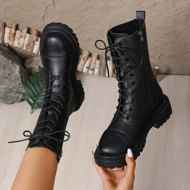 Womens Shoes Fashion Mid-Calf Womens Boots Side Zipper Casual Plus Size Lace-up Shoes for Women 251110