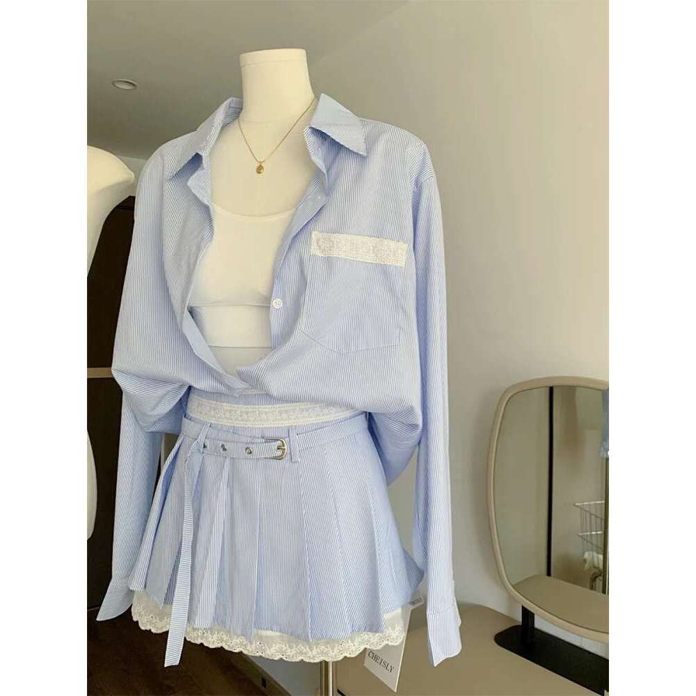 Autumn Women Old Money Striped Korean Stylish Suit Outfits 2 Piece Set Long Sleeve Shirts + Ballet Core Mini Lace Pleated Skirt
