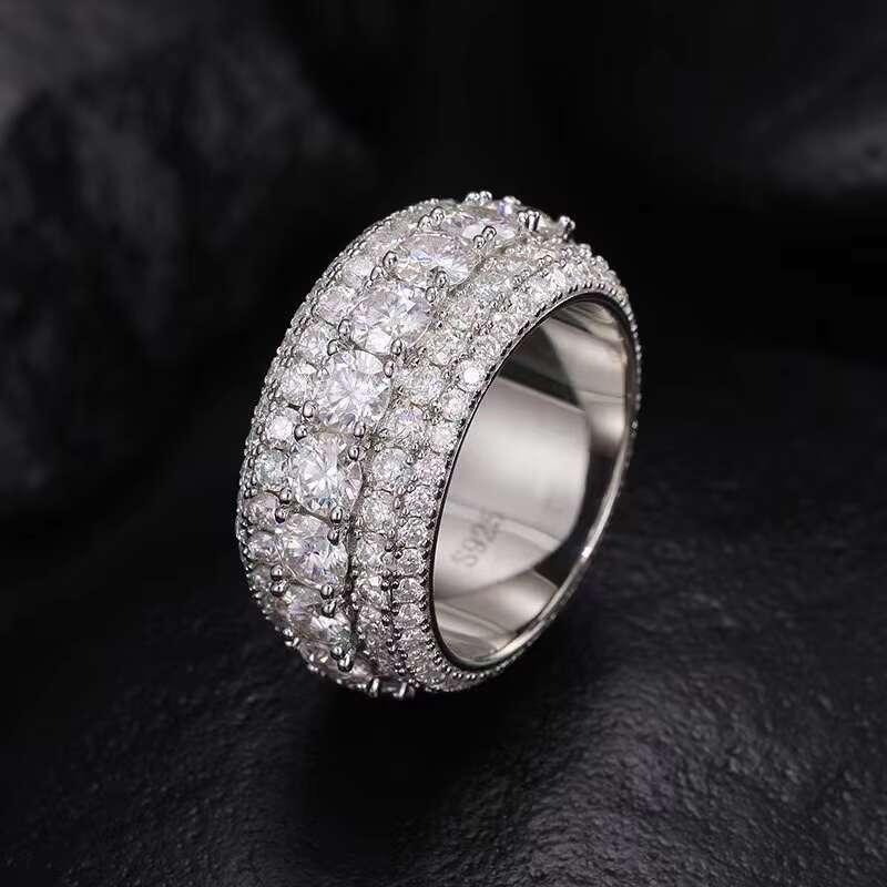 Luxury Hip Hop 5 Rows Moissanite Ring 925 Sterling Silver Shiny Fashion Jewelry Rings for Men