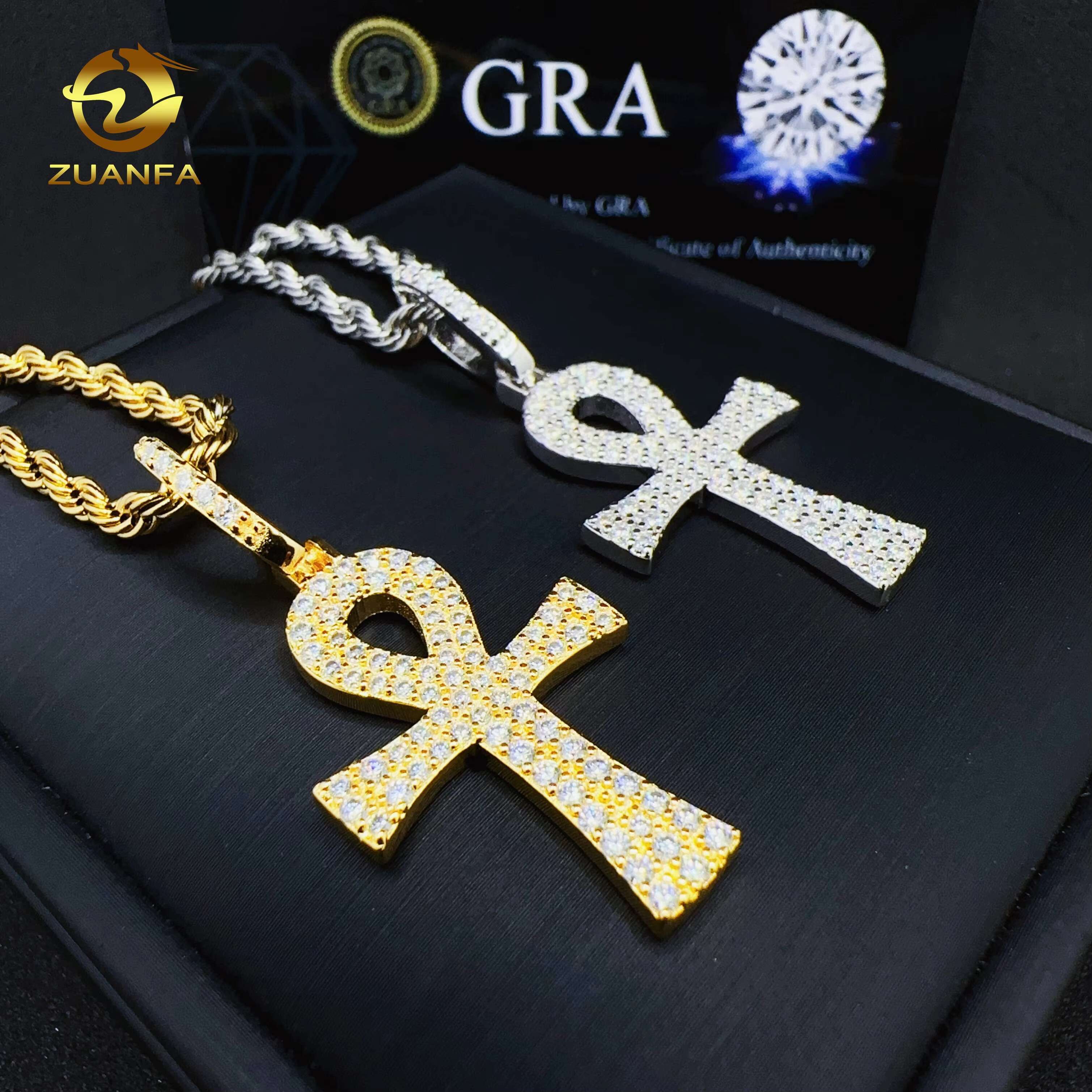 ZUANFA Jewelry 100% Pass Tester Hip Hop 925 Sterling Silver Cross Charm 2rows VVS Moissanite Pendant