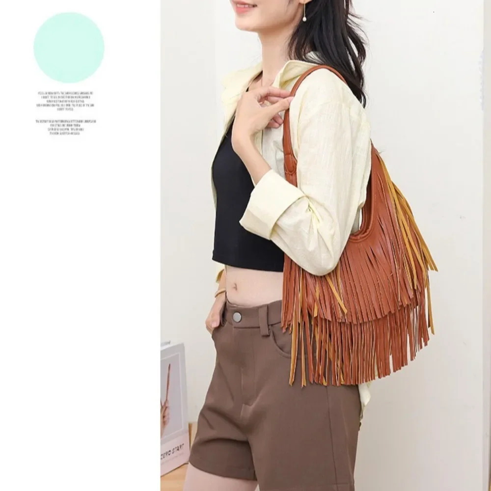 Fashionable PU Leather Long Tassels Handbag Cross Body Hobo Style Hobo Bag Armpit Bag Outdoor Activities 251110