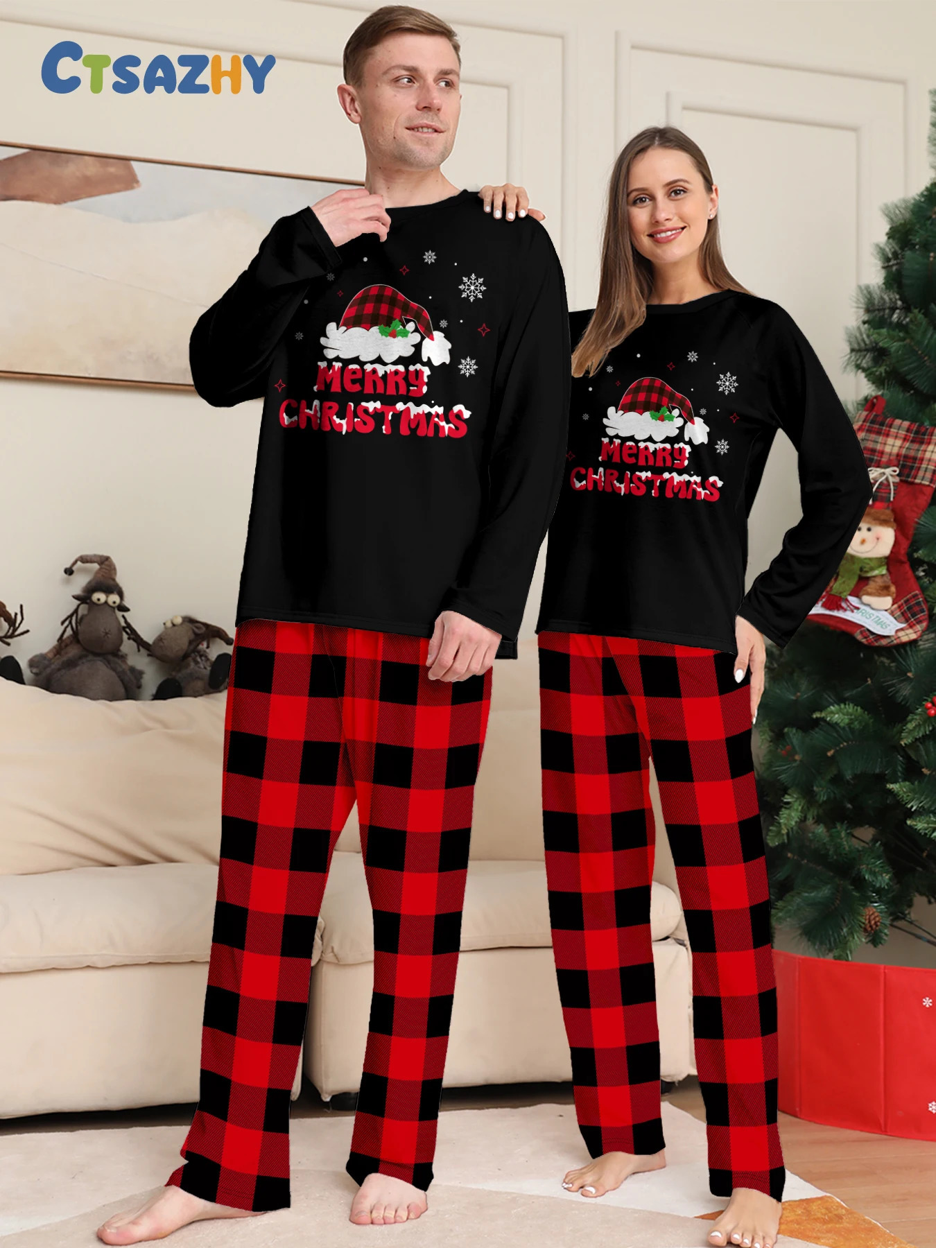 Festive Christmas Couple Pajamas Set Long Sleeve Merry Christmas Print Black Top Red Plaid Pants Loungewea 251106