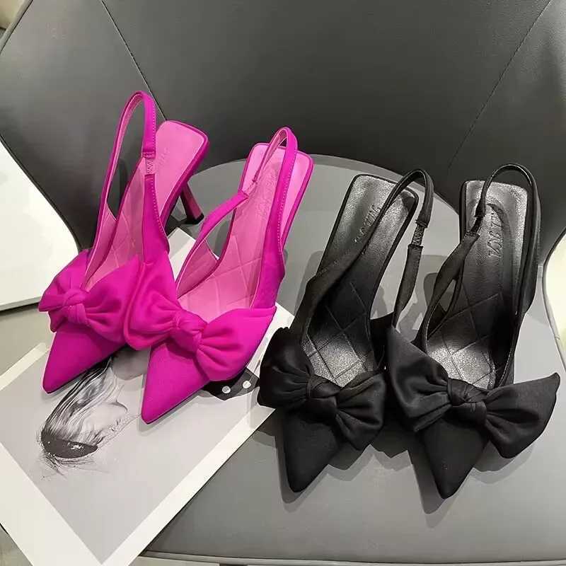 Womens shoes 2024 summer new bow womens suspender heel womens sexy dress thin toe womens high heelsXJ250410