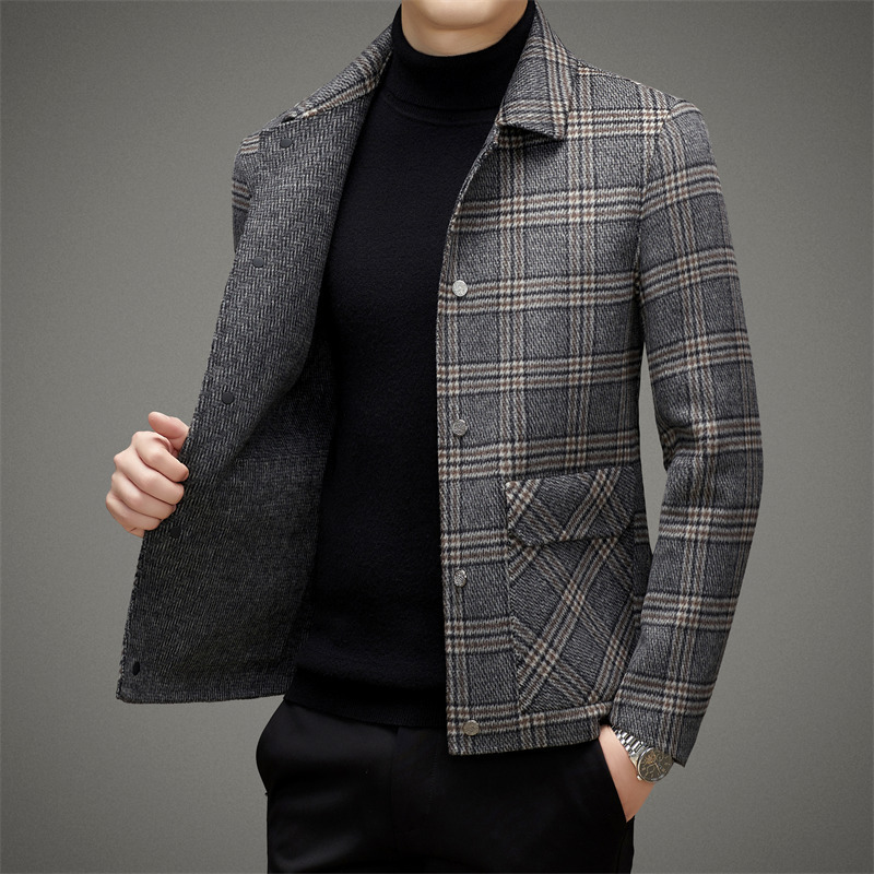 Loose Fit Men's Wool Fashion Plaid Double-Sided Short Jacket Plaid Autumn Winter New Turn-Down Collar Men's Trendy Coat Autumn Thickened Woo