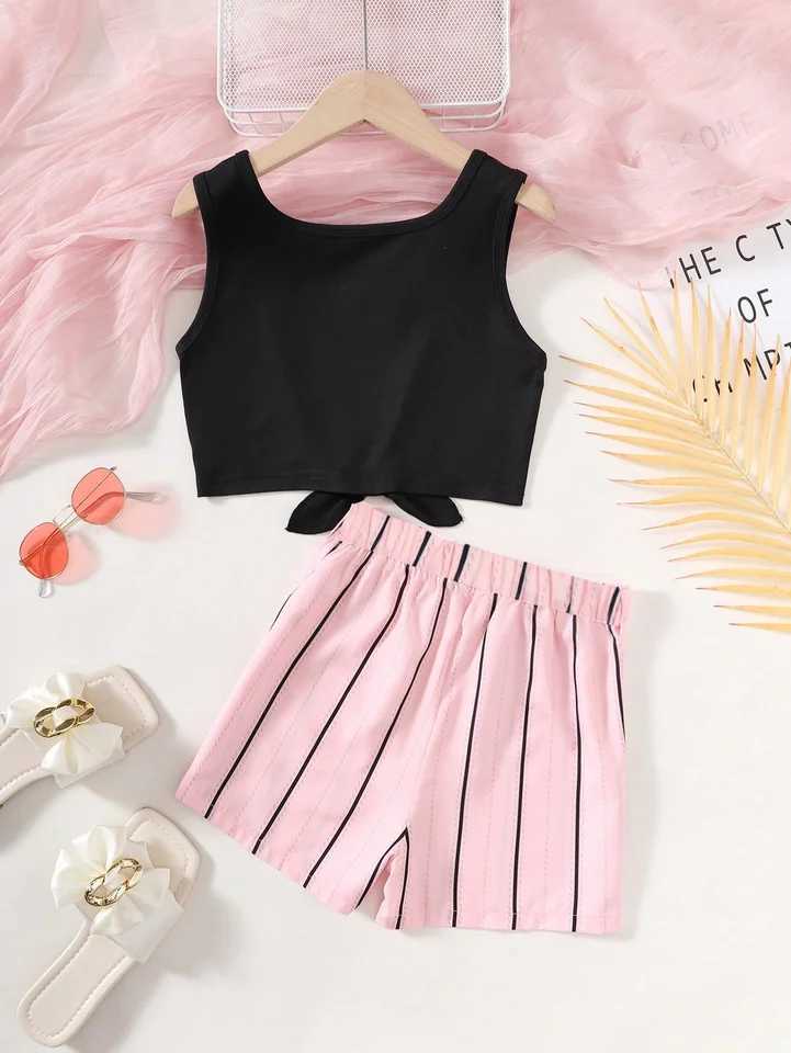 Summer 8-14 year old girl sleeveless patchwork top striped sports shorts 2PCS setXJ250410