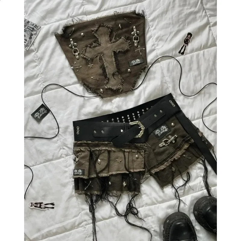 Harajuku sexy girl ceiling mini denim skirt for women high quality embroidery American vintage Y2K two-piece set 250411