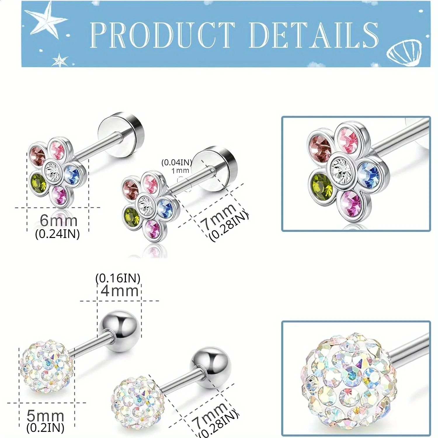 Drperfect 8 pairs of flower stud earrings set suitable for women colorful CZ ball earrings Tragus pocket perforated party jewelry 250409