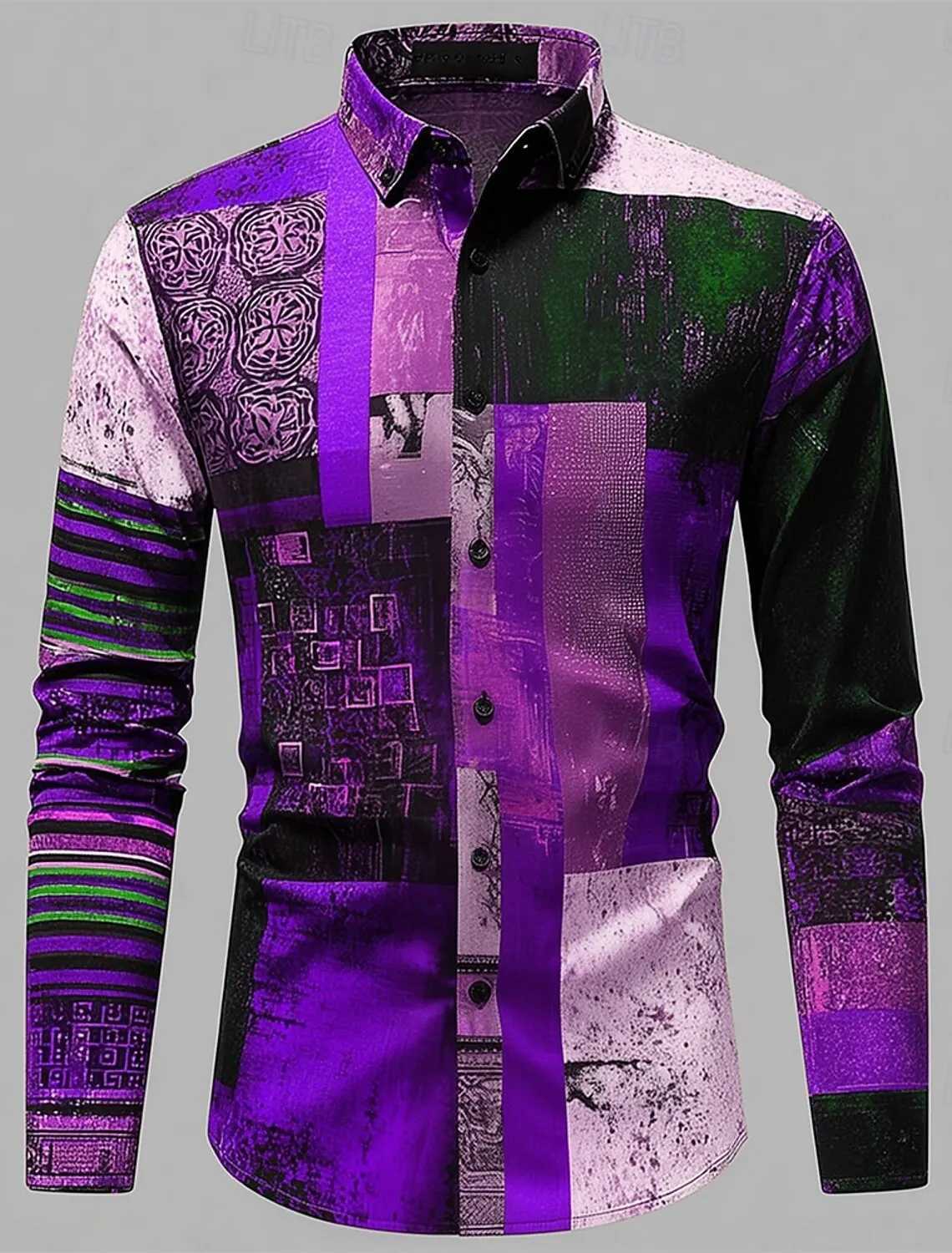 2025 Vintage Mens Color Block Patchwork Shirt 3D Printed Shirt Button Up Shirt Casual Long Sleeve Shirt Street Blouse for Men K251110