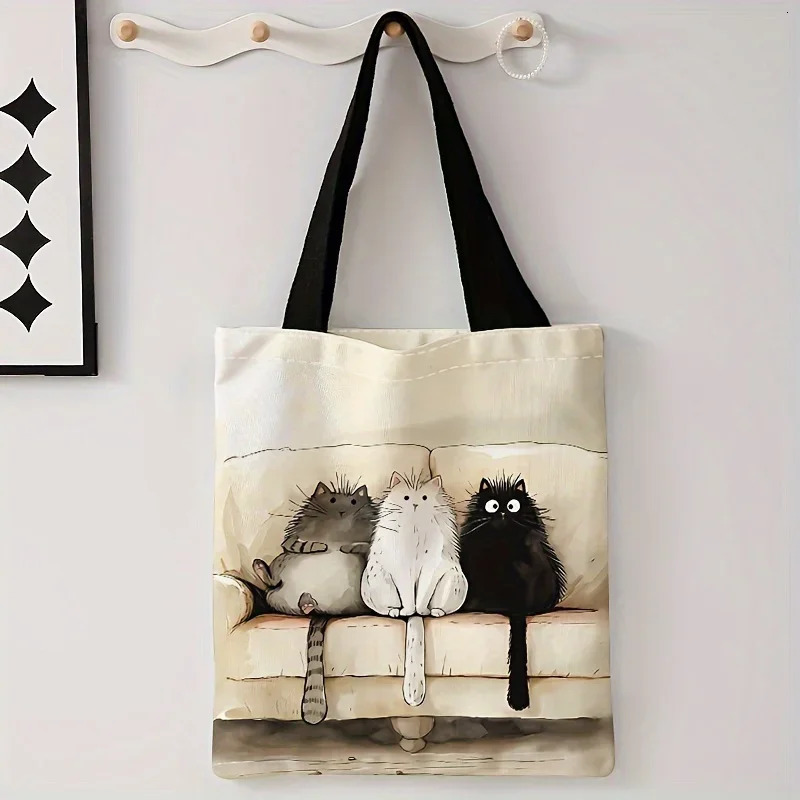 Cartoon Fluffy Three Kittens Pattern Print Casual Tote Bag Single Shoulder Shopping Reusable Fashion Backpack Handbag 251110