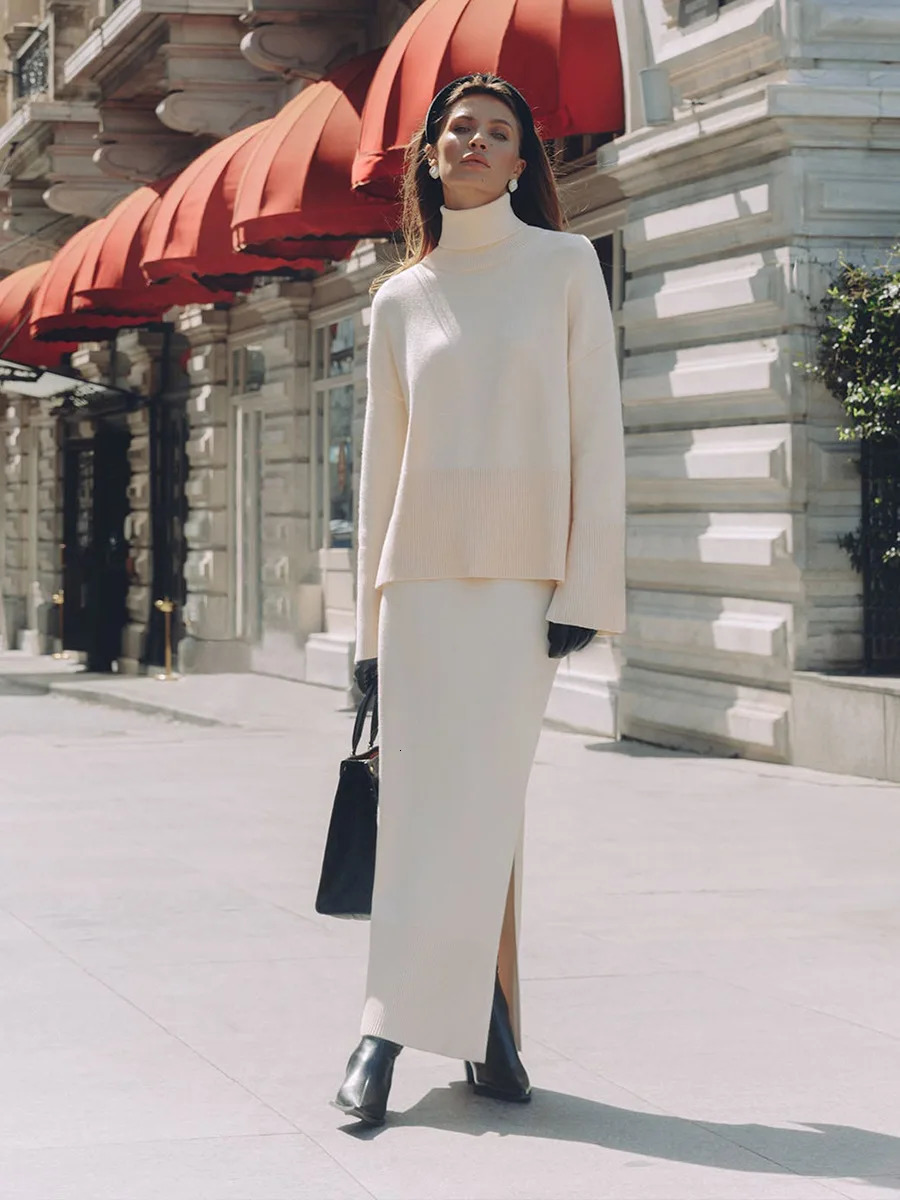 Bornladies Winter Thick Womens Knitted Skirt Suits Soft 2 Pieces Sets Female Turtleneck Sweater Wide Skirt Knitted Outfit 251105