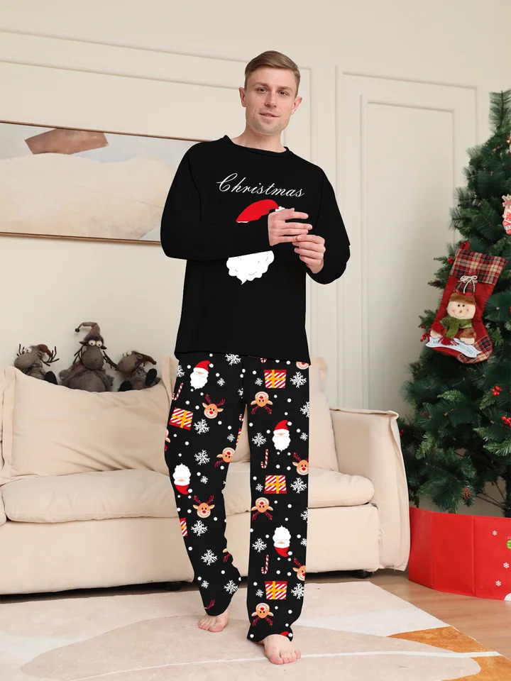 Merry Christmas Couple Pajamas - Long Sleeve Black Santa Print Festive Pattern Pants Set 251106