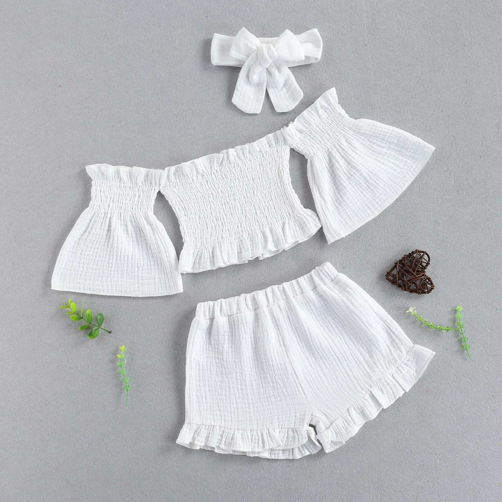 3 baby solid color sets baby girl shoulder flap sleeves boat neck top+pleated shorts+bow headband 1-6TXJ250410