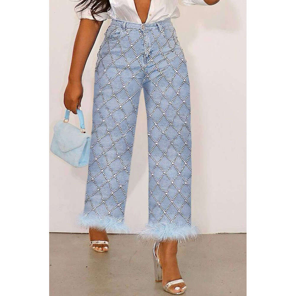 Women's Wear Fashionable Women's Jeans Plus Daily Light Blue High Waist Diamond Straight Leg Feather Denim Ankle Pants
