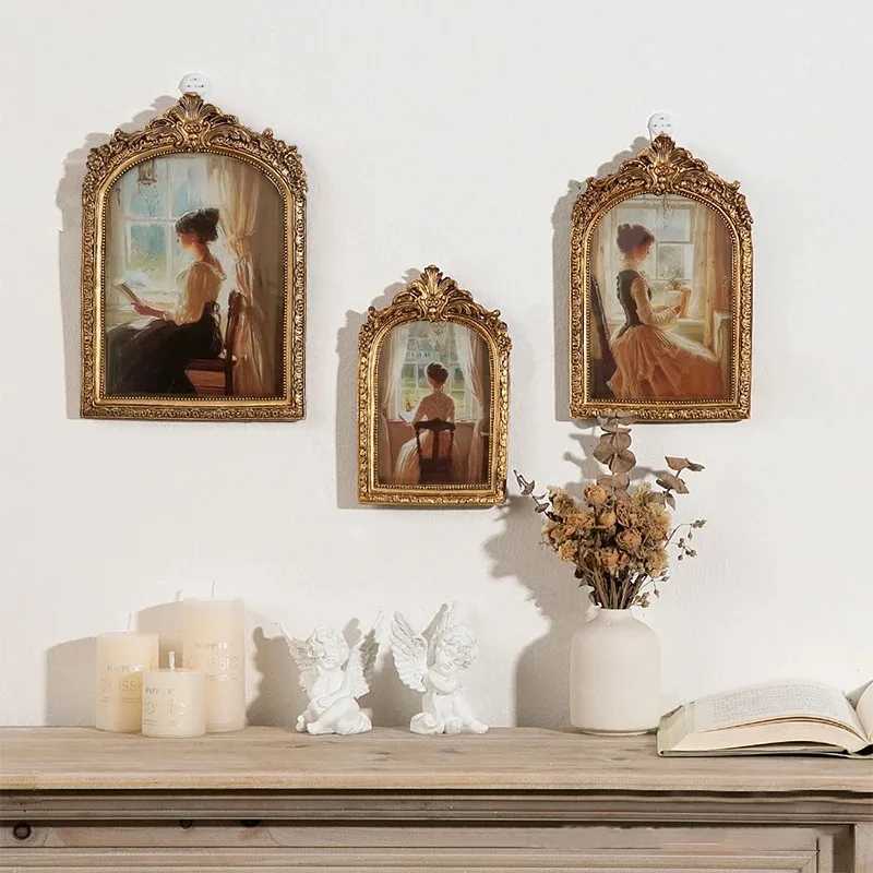 Antique Arch Shaped Gold Carved Embossed Resin Picture Frame Home Office Photo Display Tabletop Wall Hanging Decor L251110 H260306