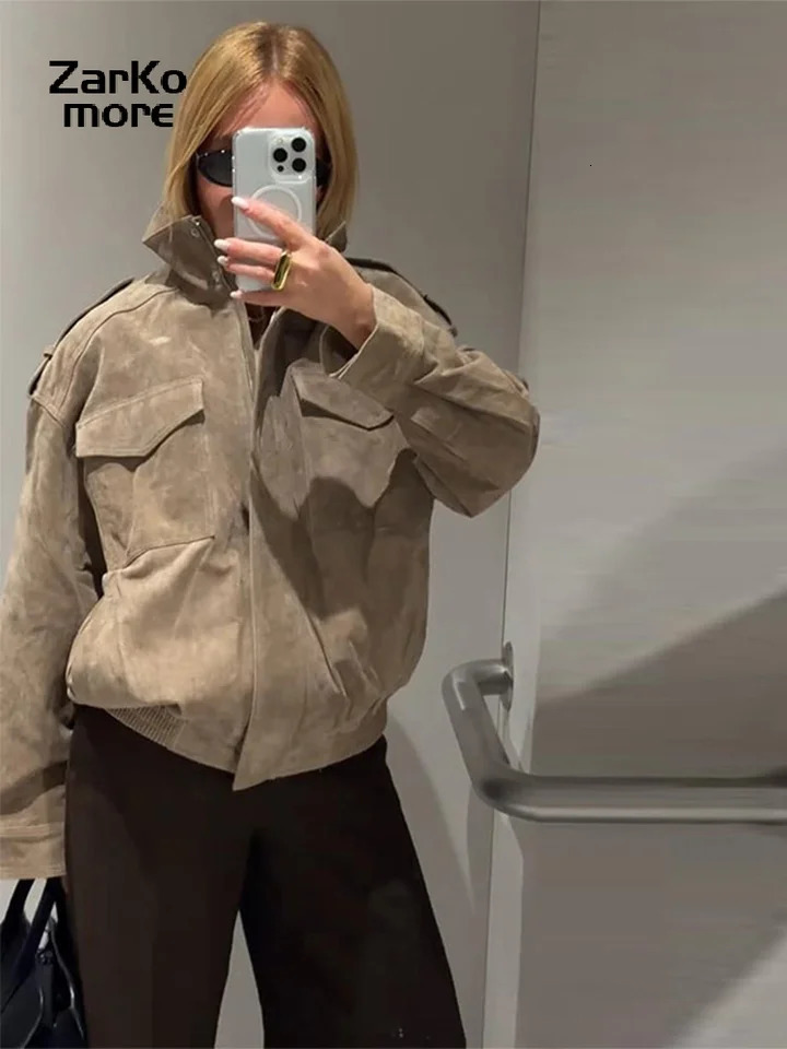 Fashion Loose Khaki Suede Jacket Women Lapel Zipper Long Sleeve Pockets Coat Female Spring Autumn Vintage High Street Tops 251106