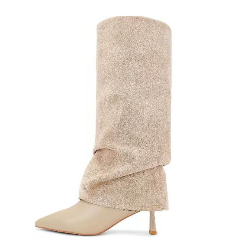 Chengdu Handmade Pointed Toe Stacked Boots Women's Stiletto Heels Crinkle Knee High Boots Fashion Dress Boots