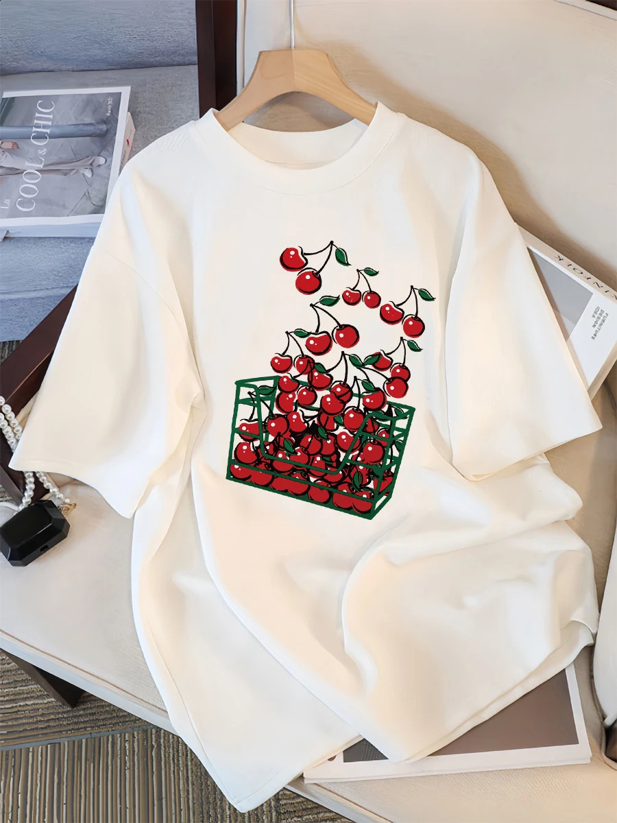 A Basket Of Cherries Printing Female Tee Shirt Breathable Casual T-Shirts Summer Short Sleeve Soft Loose Streetwear Women 250410