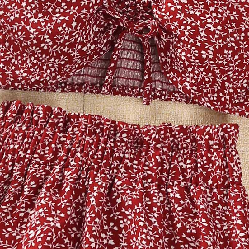 Girls Set 8-12 Year Old Little Girls Red Flower Strap Top+Red Flower Skirt Korean Sled Set Summer Casual Clothing SetXJ250410
