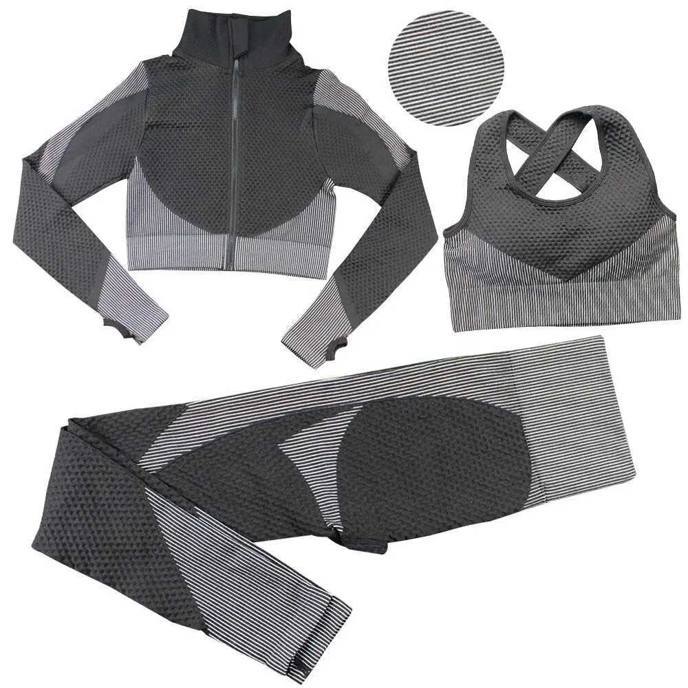 Seamless zipper striped fitness suit womens autumn and winter sports pants long sleeved bra three piece yoga setW250411