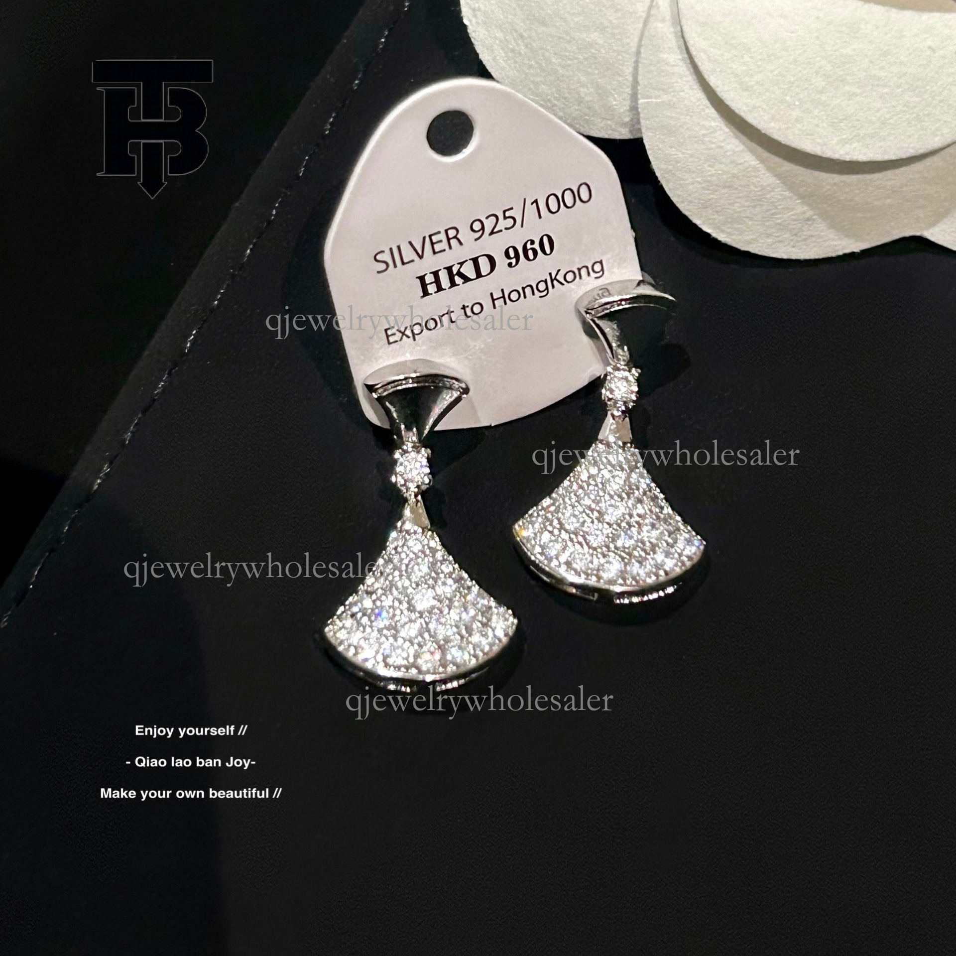 TB BHULAMTE Designer Full Diamond Fan-shaped Earrings S925 Silver Needle Luxurious Elegant Temperament Small Skirt Earrings Exquisite Shiny Women'