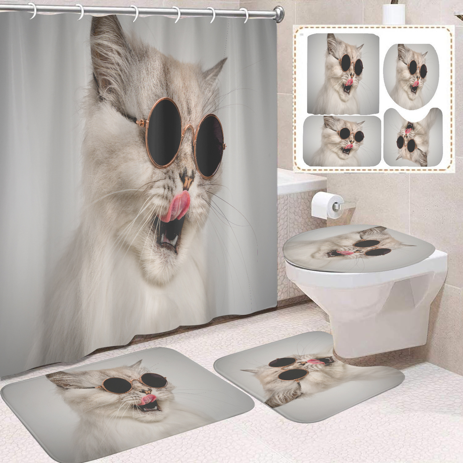 YL-37687 Black and White Cat Shower Curtain Waterproof and Mildew-proof Digital Print Shower Curtain Four-Piece Set