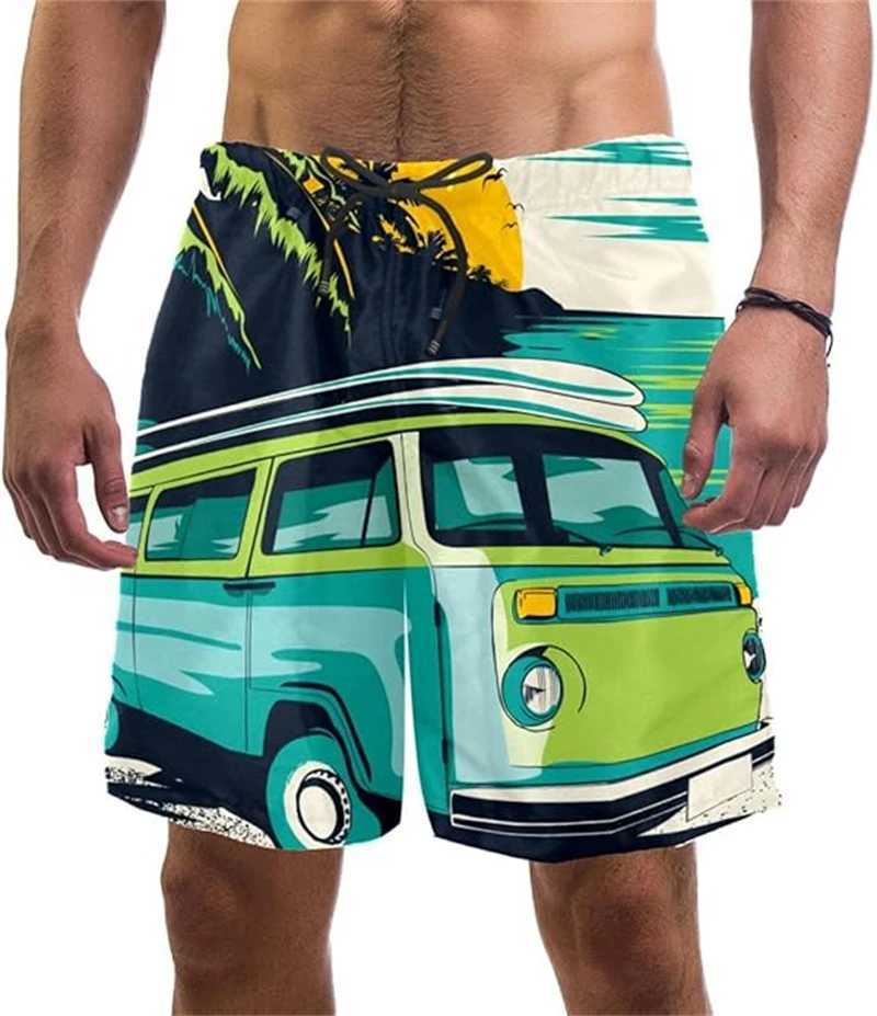 Mens loose beach shorts funny bus 3D printing Hawaiian shorts Harajuku street clothing luggage mens clothing fashionable childrens swimming trunkW2504