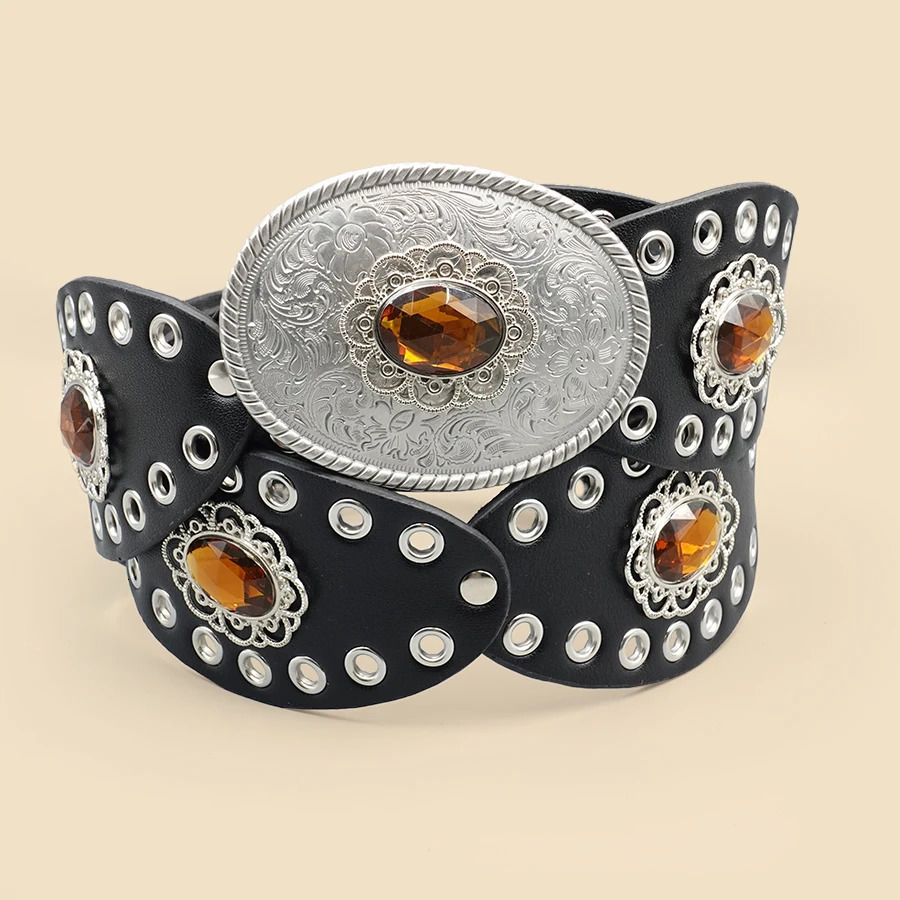 Black Vintage European Style Womens Belt - Rhinestone Inlaid Openwork Carving Wide Fashion Waist Accessory 251110