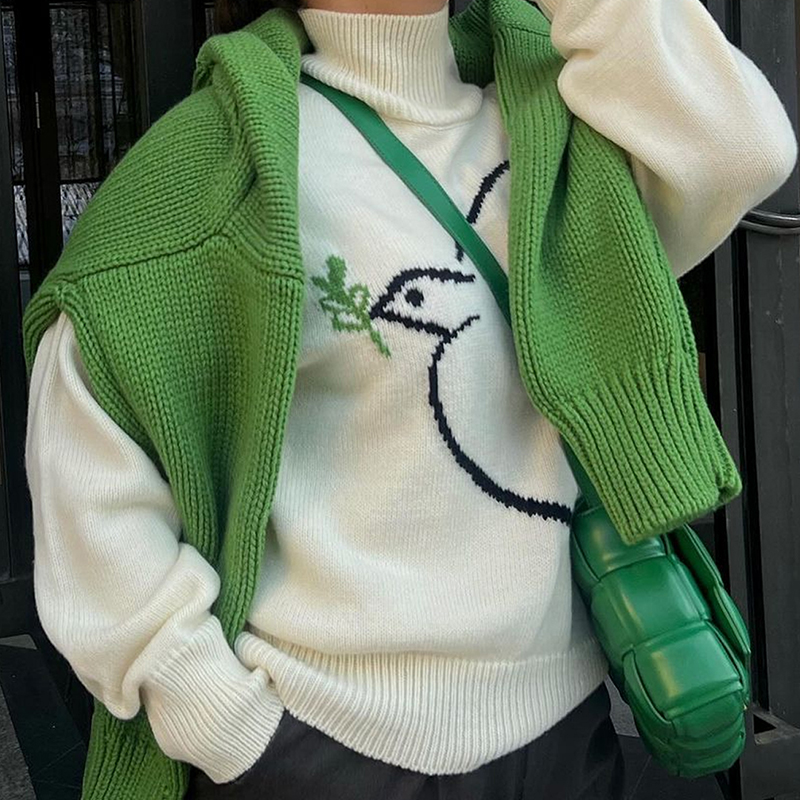 Women's solid-color jacquard sweater, high-neck comfortable street-style long-sleeved sweater, peace dove jacquard, fall clothes christmas sweate