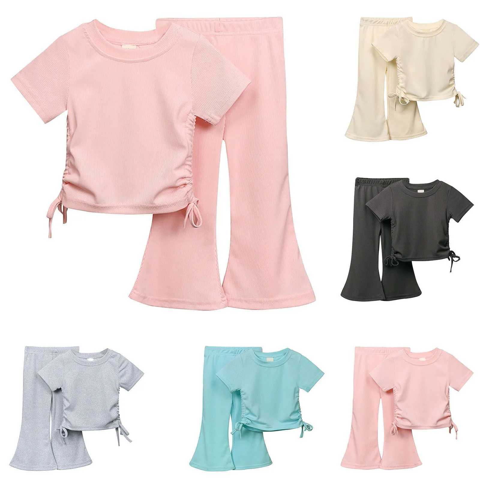 New Korean short sleeved set summer solid color floral top+flash pants thin casual two-piece set suitable for girls aged 2-8XJ250410