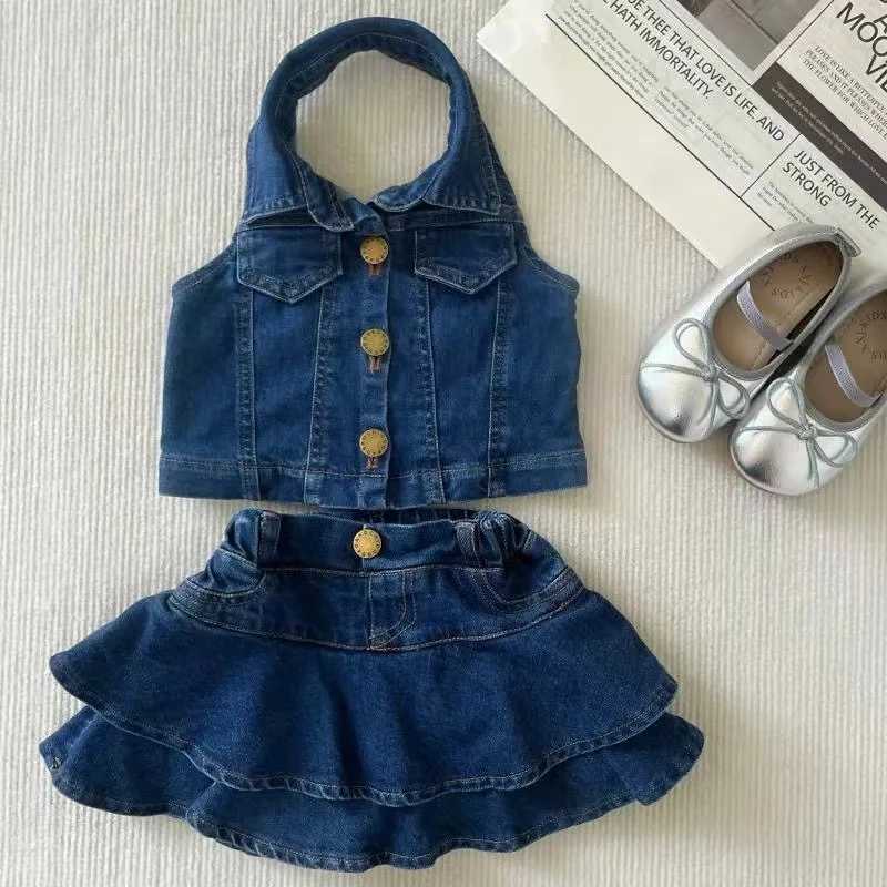 Girl set T-shirt top+denim skirt pleated skirt 2-piece outdoor clothing denim setXJ250410