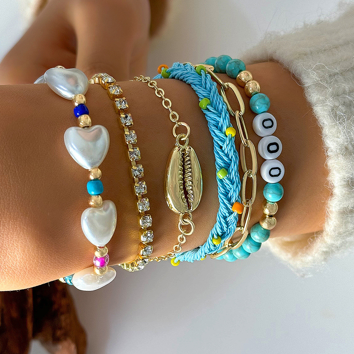Seashell Jewelry Necklace Anklet Bracelet Bohemian Resort Style Beaded Woven Bracelet, Starfish Seed Bead 7-Piece Set Wholesale